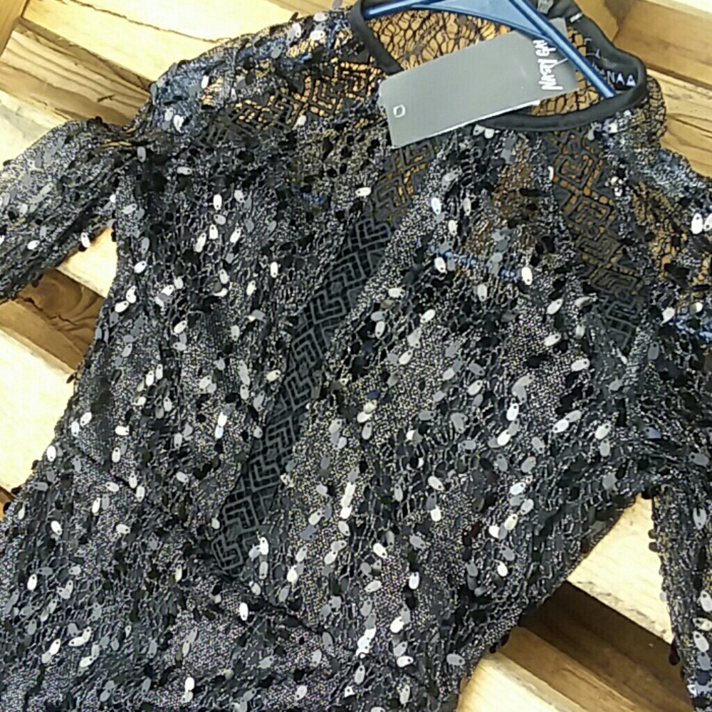Nasty Gal Black Sequins & Lace Bodycon Dress US 4